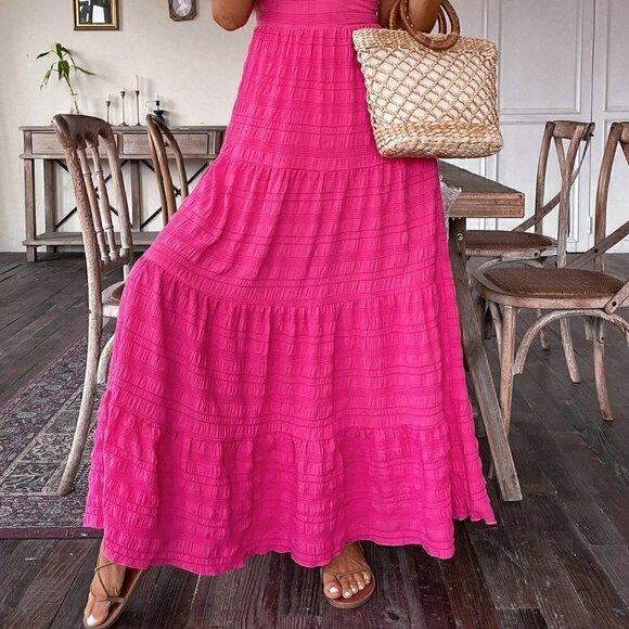 Pink Boho Ladies' Textured Long Slip Dress With Spaghetti Straps - Picture 5 of 6